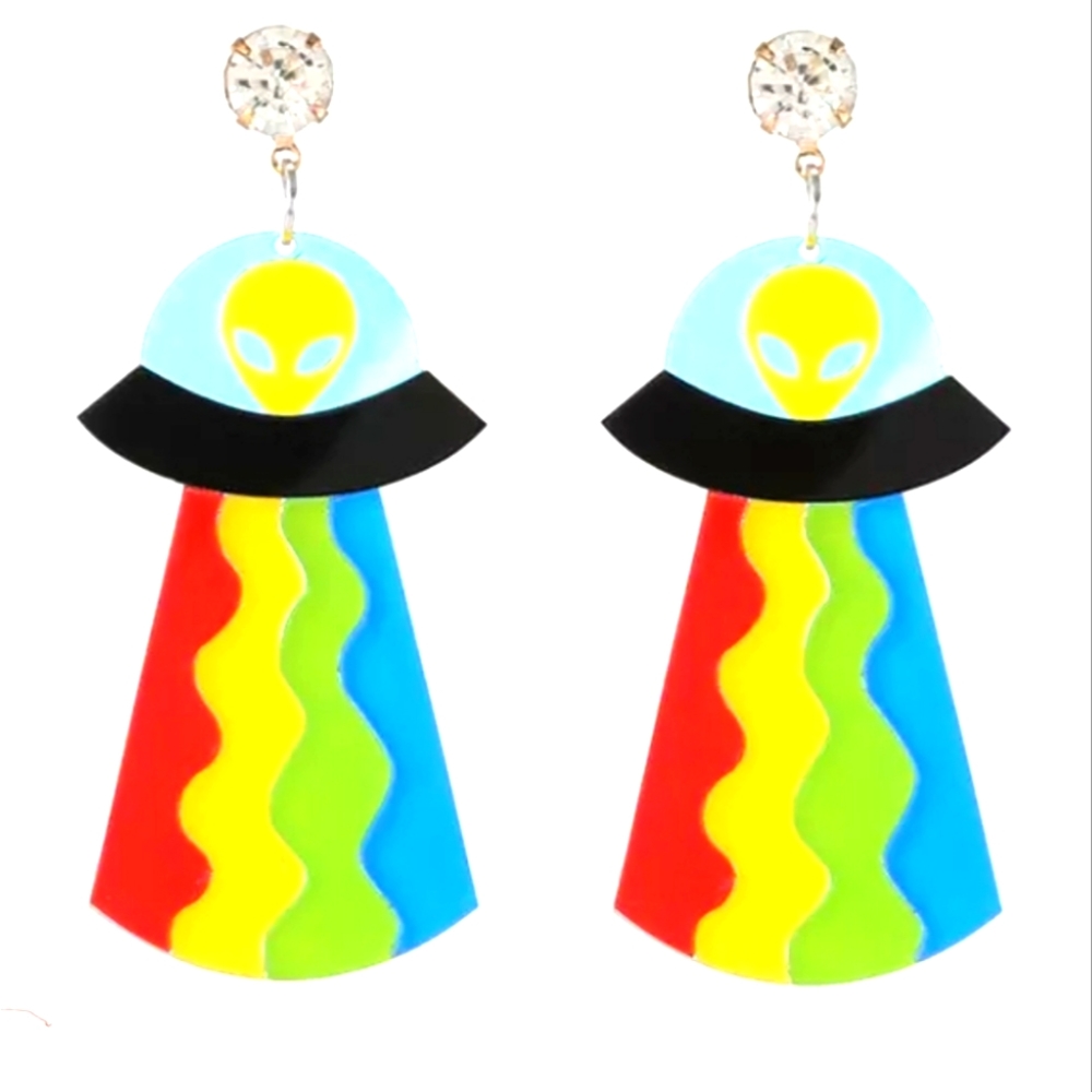 EARRINGS OVERSIZED ACRYLIC RAINBOW ALIEN SPACESHIP...